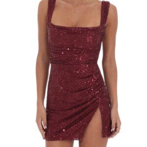 Lucy in the sky Red Sequin mini Dress size xs Back cut out side slit
